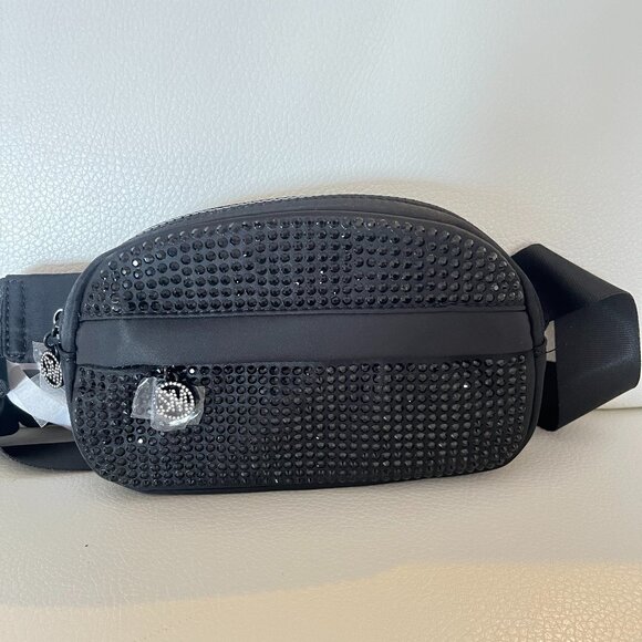 STEVE MADDEN BLACK RHINESTONE EMBELLISHED BELT BAG CROSSBODY FANNY PACK SLING - Picture 1 of 6